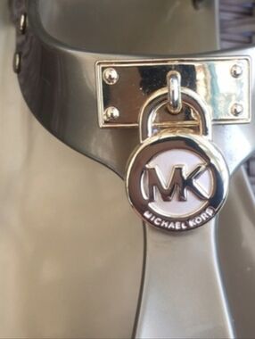 Michael Kors Gold and Silver MK Padlock Charm Sandals Sz 8